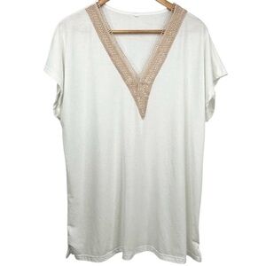 White & Bronze Gold Toned Crochet Detailed V-Neck Short Sleeve Top XL